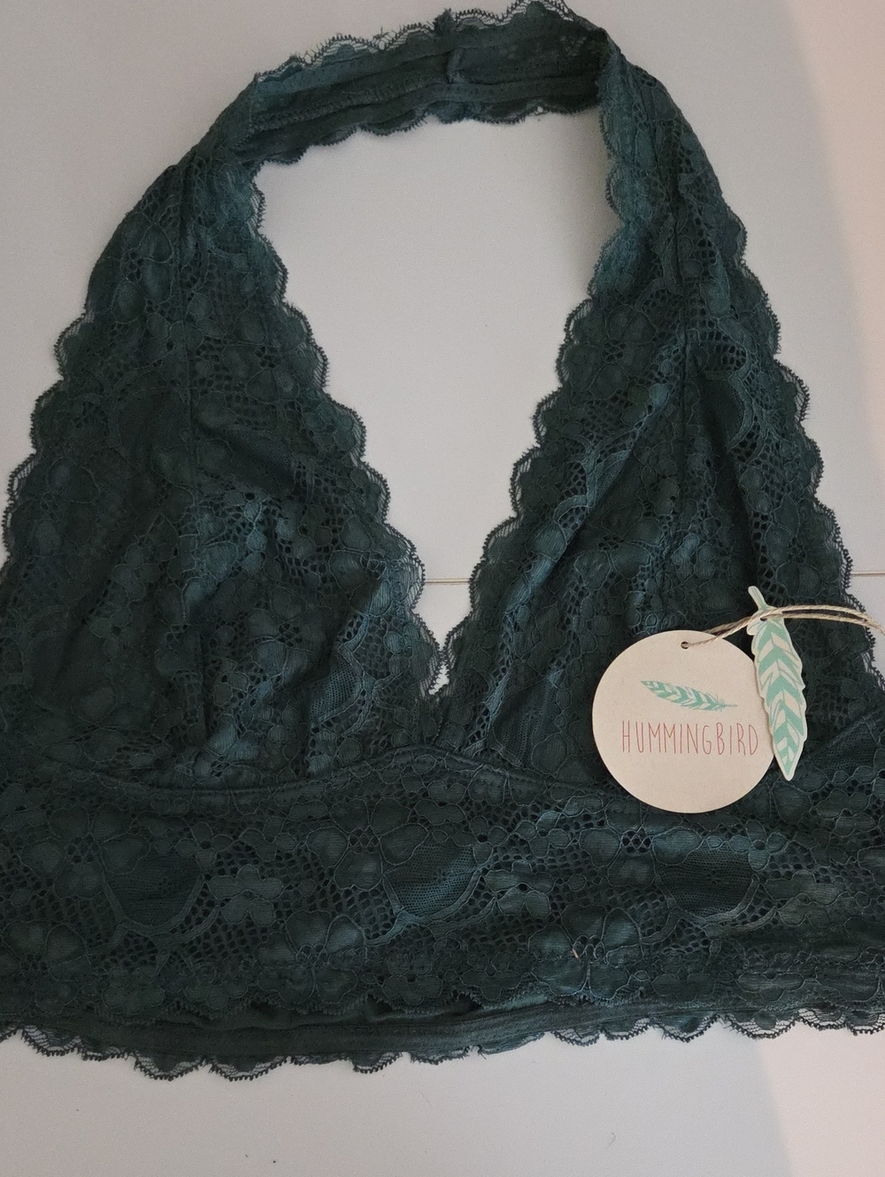 Hummingbird Lace Halter Bralette in Teal Green